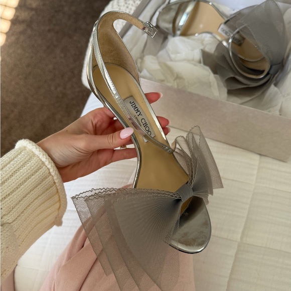 Jimmy Choo Shoes - Jimmy Choo Silver Metallic Mesh Bow Slingback Heels